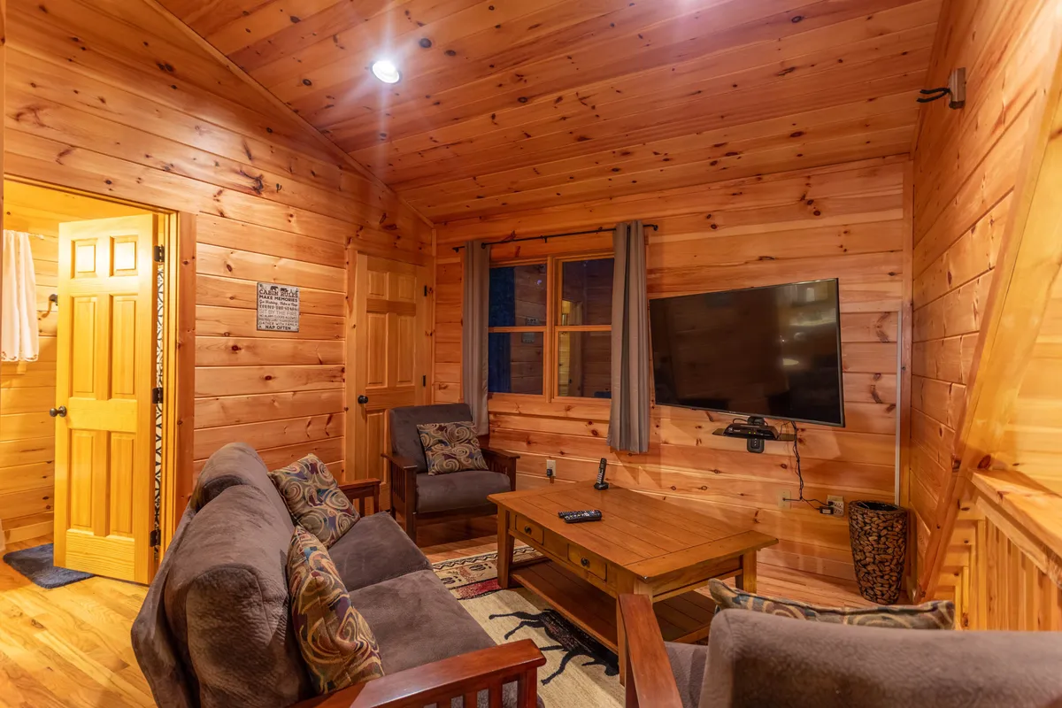 A cozy lounge area with a soft sofa, wooden walls, a coffee table, and a TV. The setting radiates comfort, suggesting an ideal spot for movie nights, game sessions, or just relaxing with loved ones.
